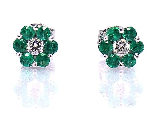 1.00ct Emerald and 0.40ct G/VS+ Diamond Cluster Studs