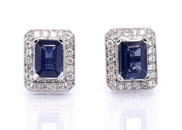 2.20ct Sapphire & 0.80ct G/VS+ Diamond Art Deco Halo Earrings